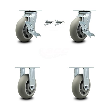 Service Caster 6 Inch Thermoplastic Rubber Caster Set with 2 Brakes/Swivel Lock 2 Rigid SCC SCC-30CS620-TPRBD-TLB-BSL-2-R-2